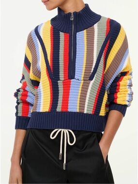 NWT STAUD Hampton Striped Half-Zip Knit Sweater in Navy Multi- never worn